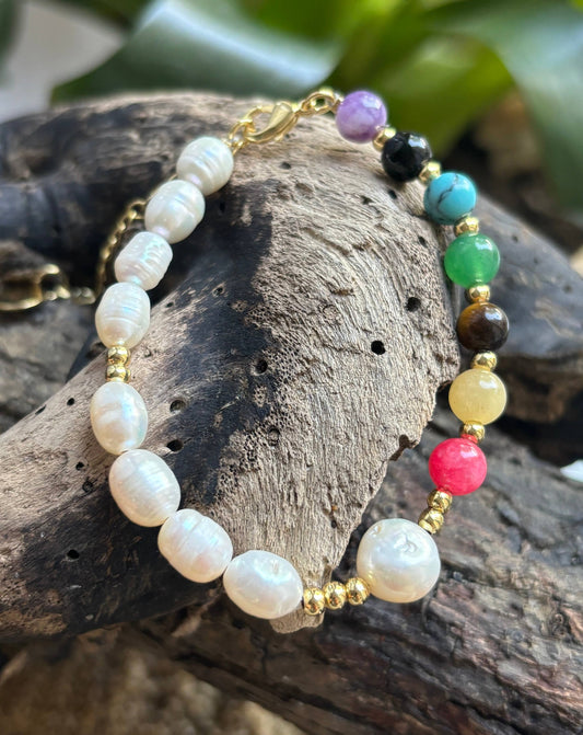 14ct Gold Plated Fresh Water Pearl Healing Stone Bracelet