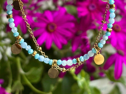 18ct Gold Plated Natural Stone Beads Double Chain Bracelet - Available in Three Colours