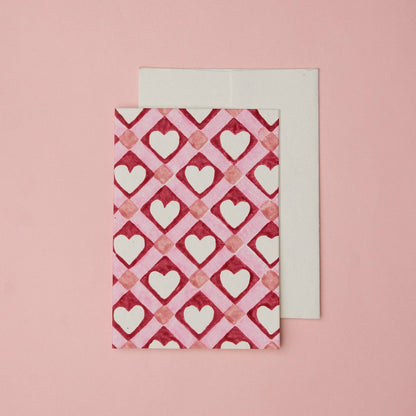 Hand Block Printed Greeting Card - Red Checks Heart