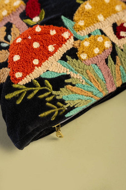 Black Embroidered Toadstools Cushion