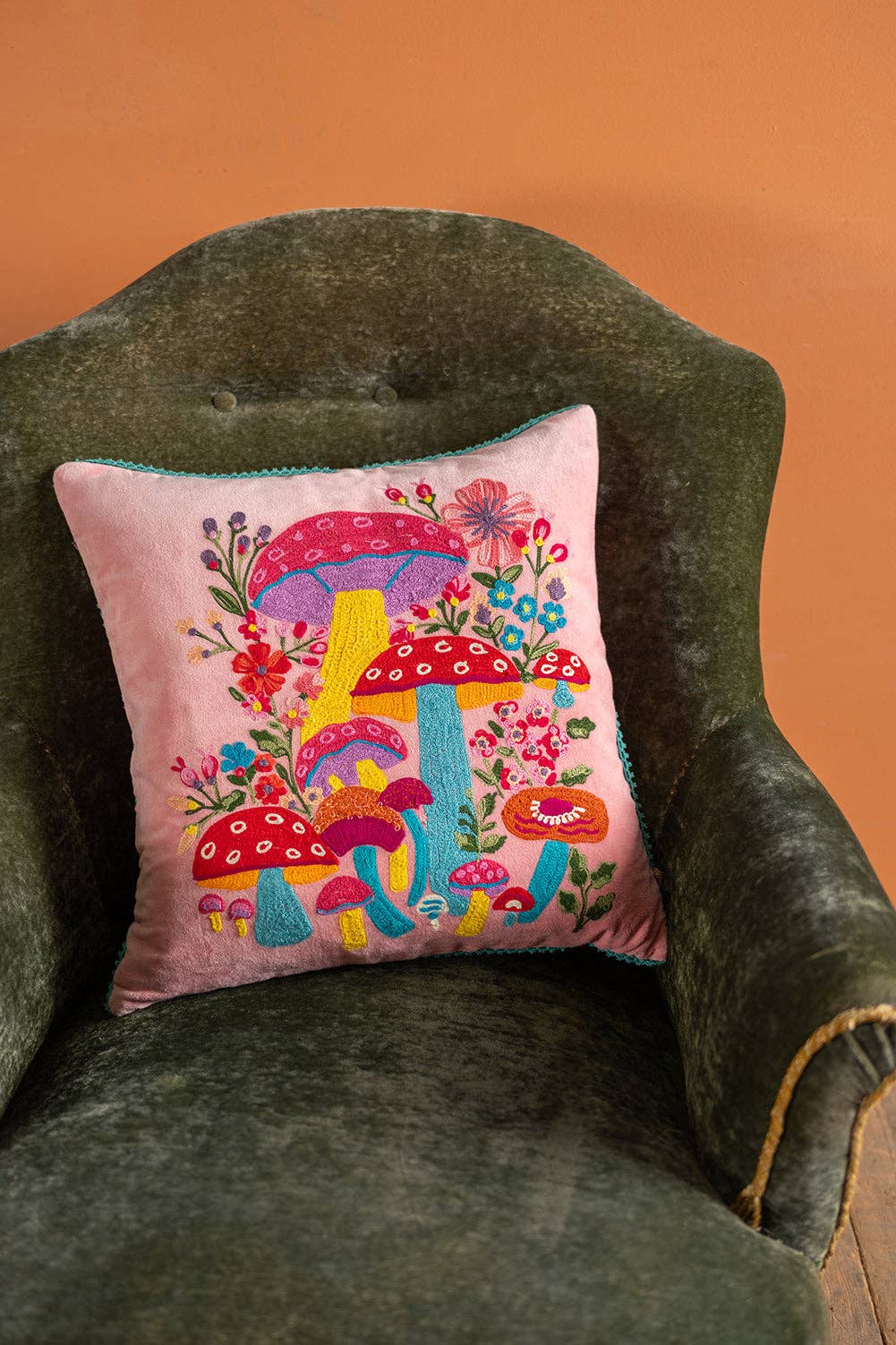 Pink Embroidered Toadstools Cushion