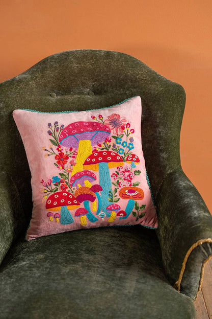 Pink Embroidered Toadstools Cushion