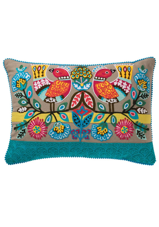 Embroidered Birds Cotton Cushion