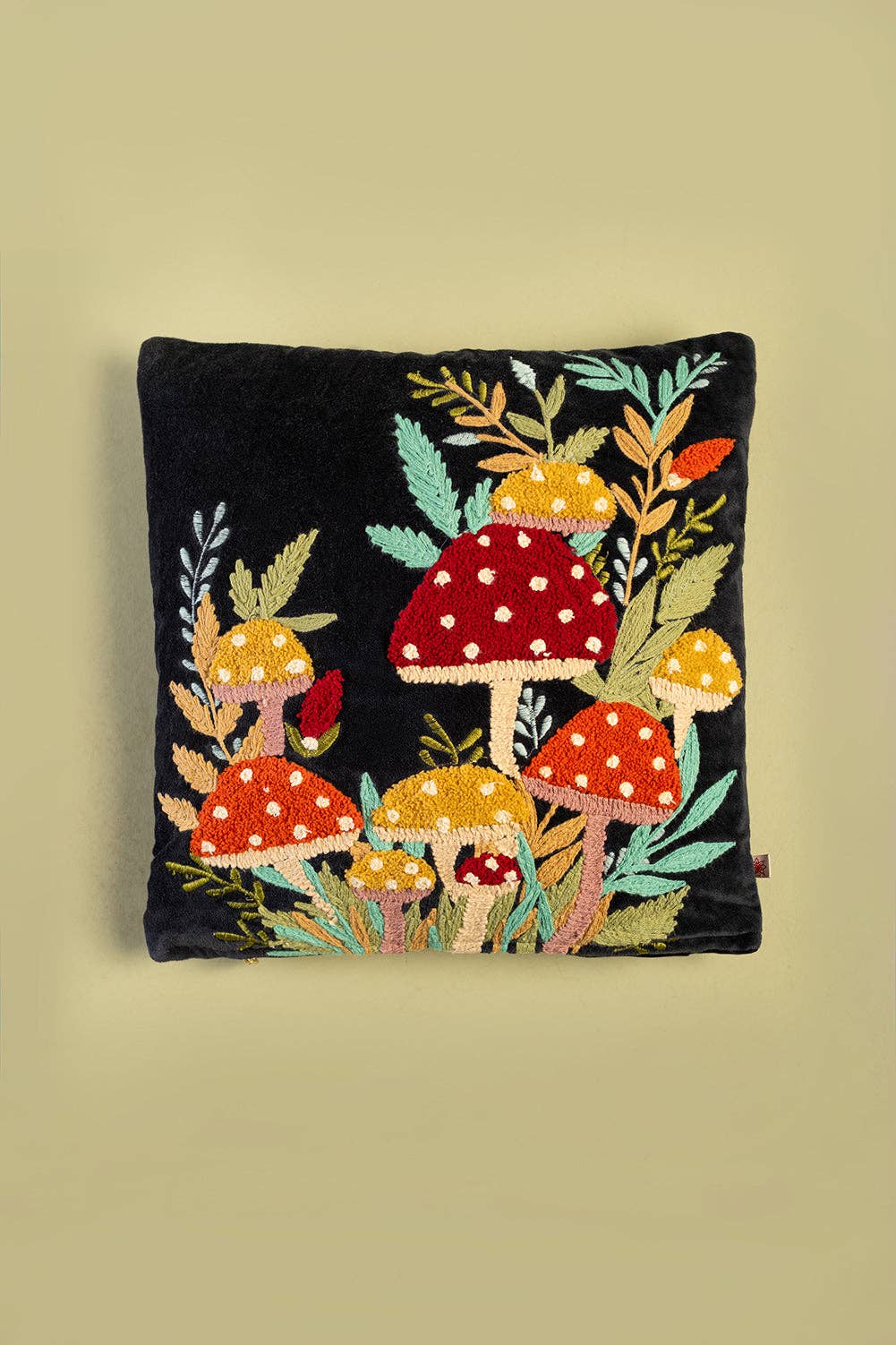 Black Embroidered Toadstools Cushion
