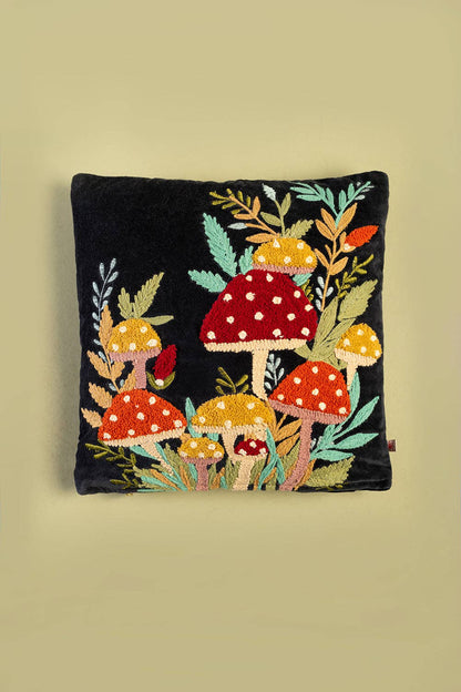 Black Embroidered Toadstools Cushion