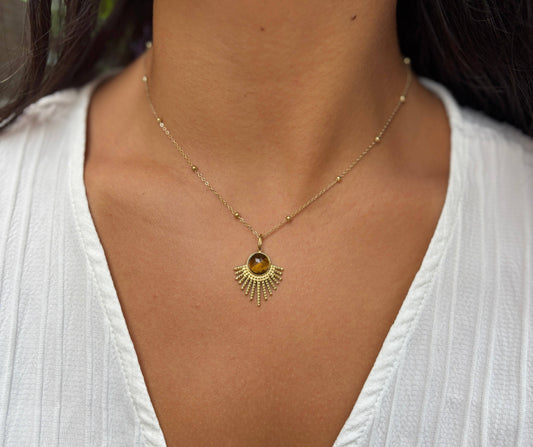 18ct Gold Plated Tiger's Eye Feather Pendant Necklace