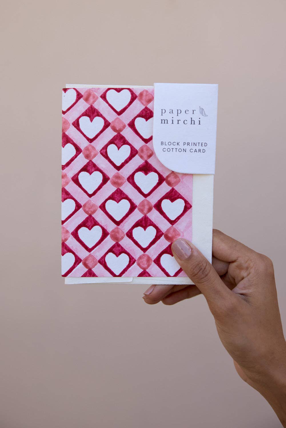 Hand Block Printed Greeting Card - Red Checks Heart