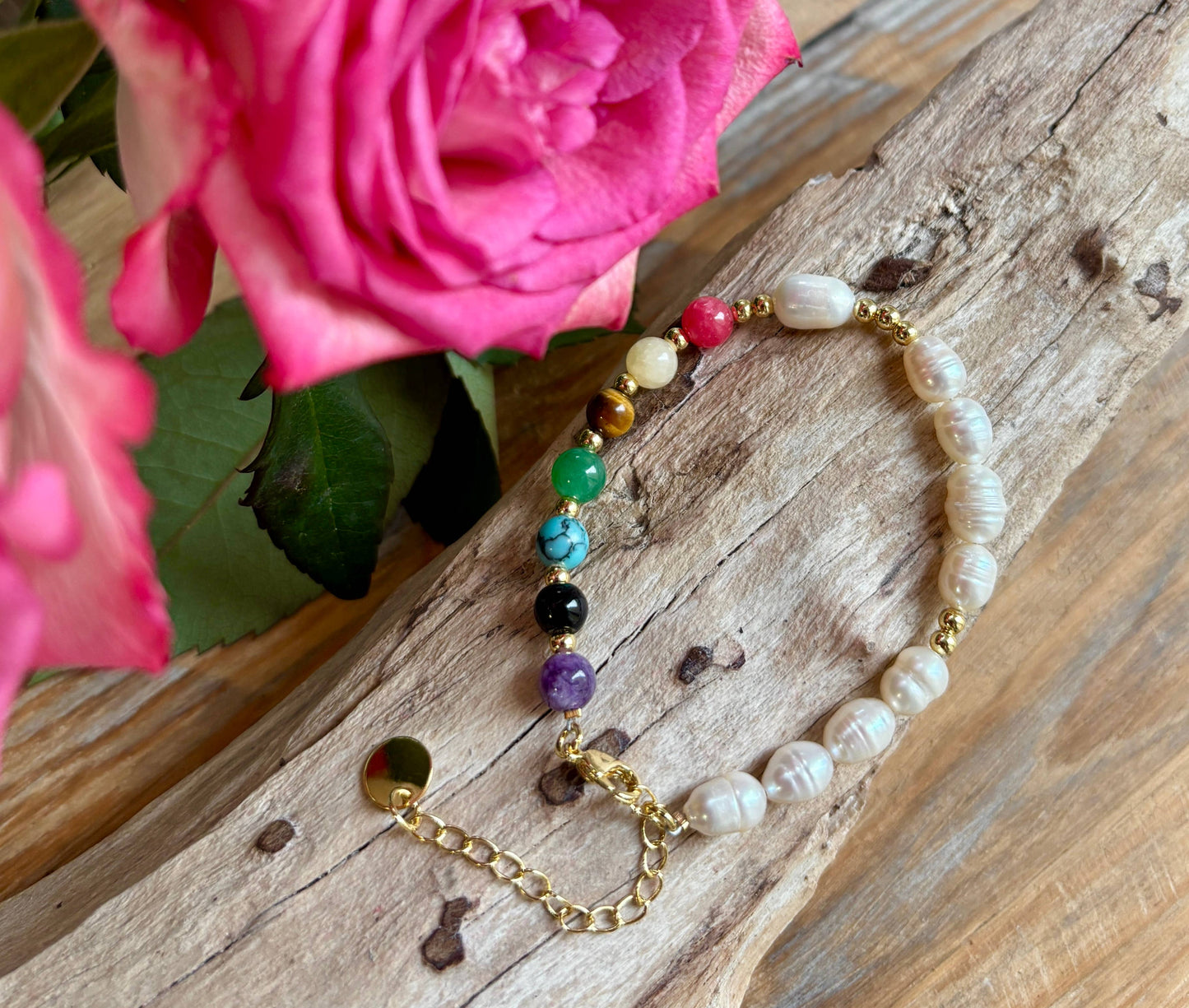 14ct Gold Plated Fresh Water Pearl Healing Stone Bracelet