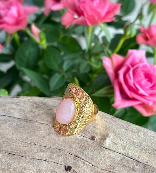 18ct Gold Plated Rose Quartz Shield Adjustable Ring   