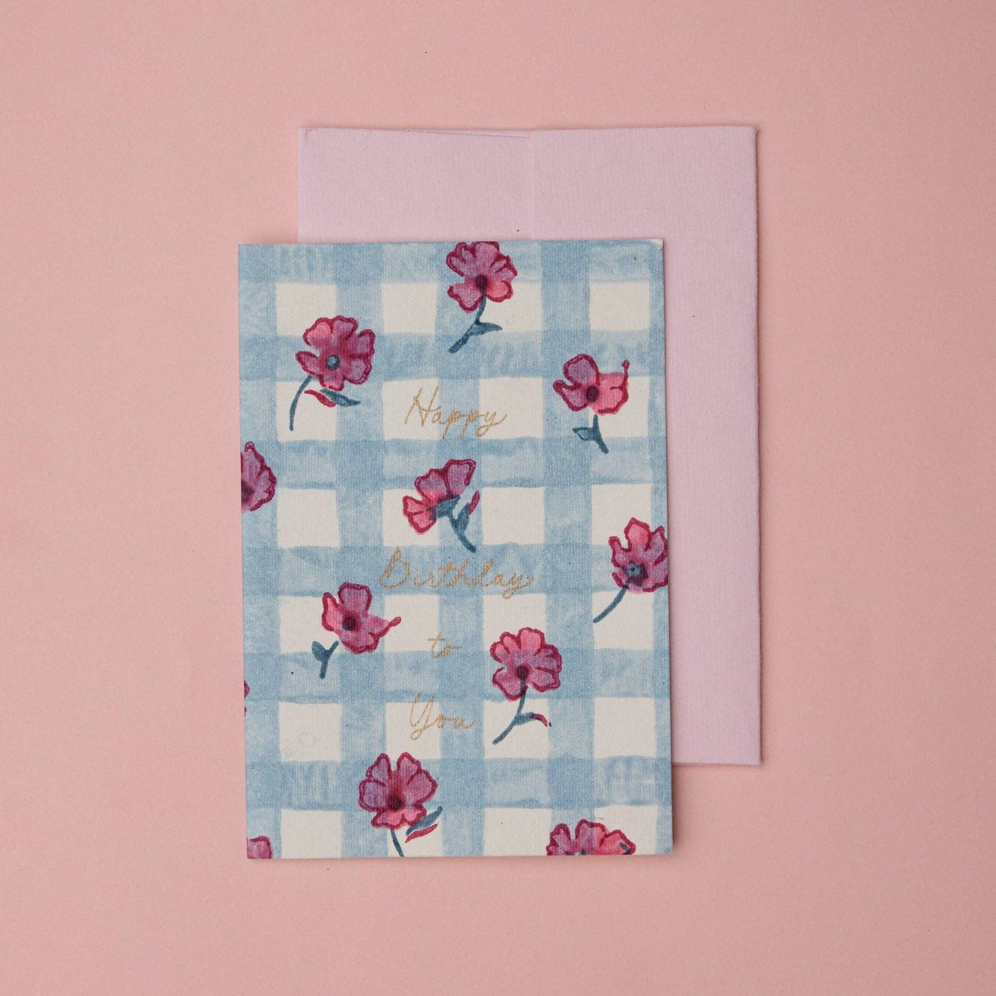 Hand Block Printed Greeting Card - GC Gingham Pink Sorbet HB