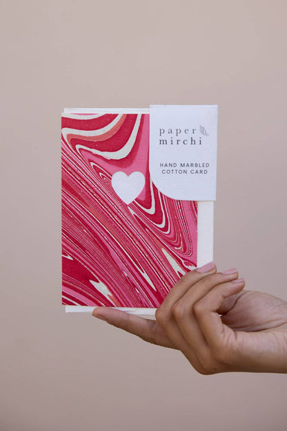 Hand Marbled Greeting Card - Die Cut Heart Pink Marble