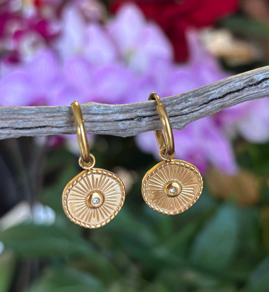 18ct Gold Plated Cubic Zirconia Sun Disc Huggie Earrings