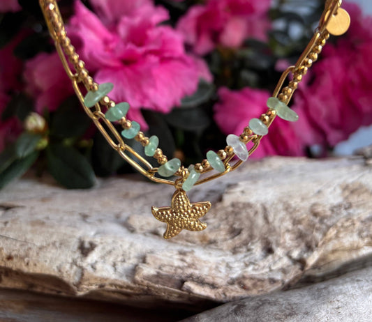 18ct Gold Plated Green Aventurine Star Fish Bracelet 