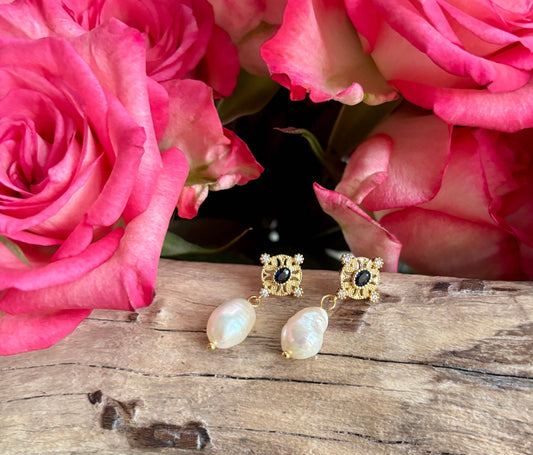 14ct Gold Plated Fresh Water Pearl Blue Filigree Earrings