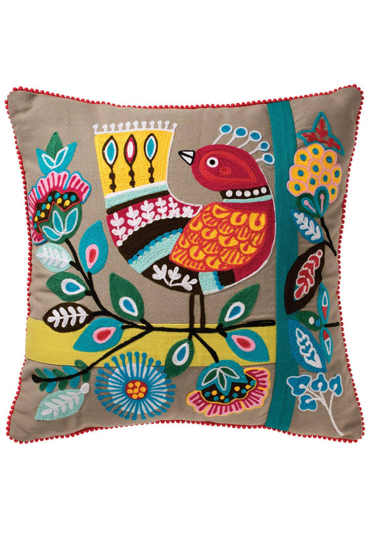 Birds Embroidered Cotton Cushion Cover