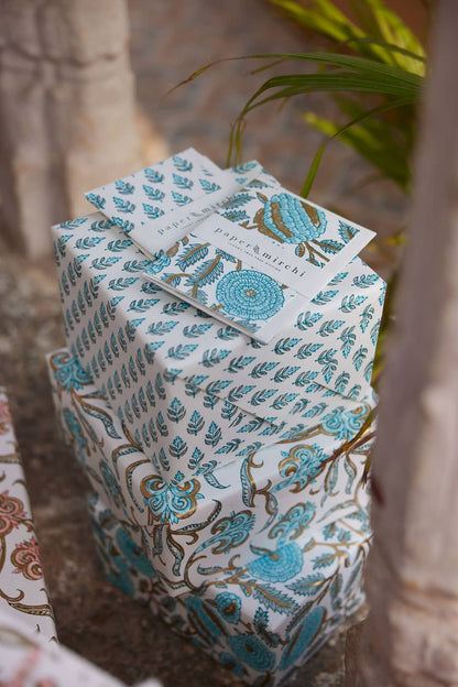 Block Printed Wrapping Paper Sheets - Iris Glitz Turquoise