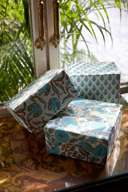 Block Printed Wrapping Paper Sheets - Iris Glitz Turquoise