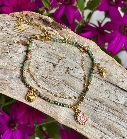 18ct Gold Plated African Turquoise Beads Bracelet with Sea Shell Charms