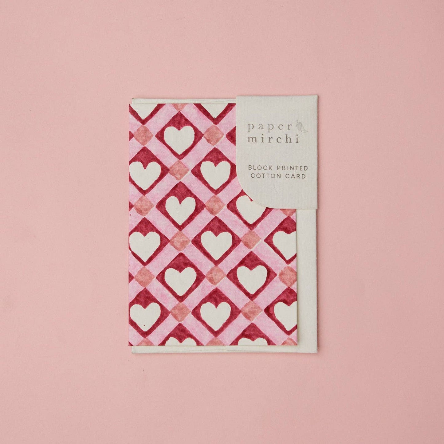 Hand Block Printed Greeting Card - Red Checks Heart