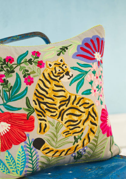 Mahima Embroidered Tiger Cushion Cover, 45 X 45cm