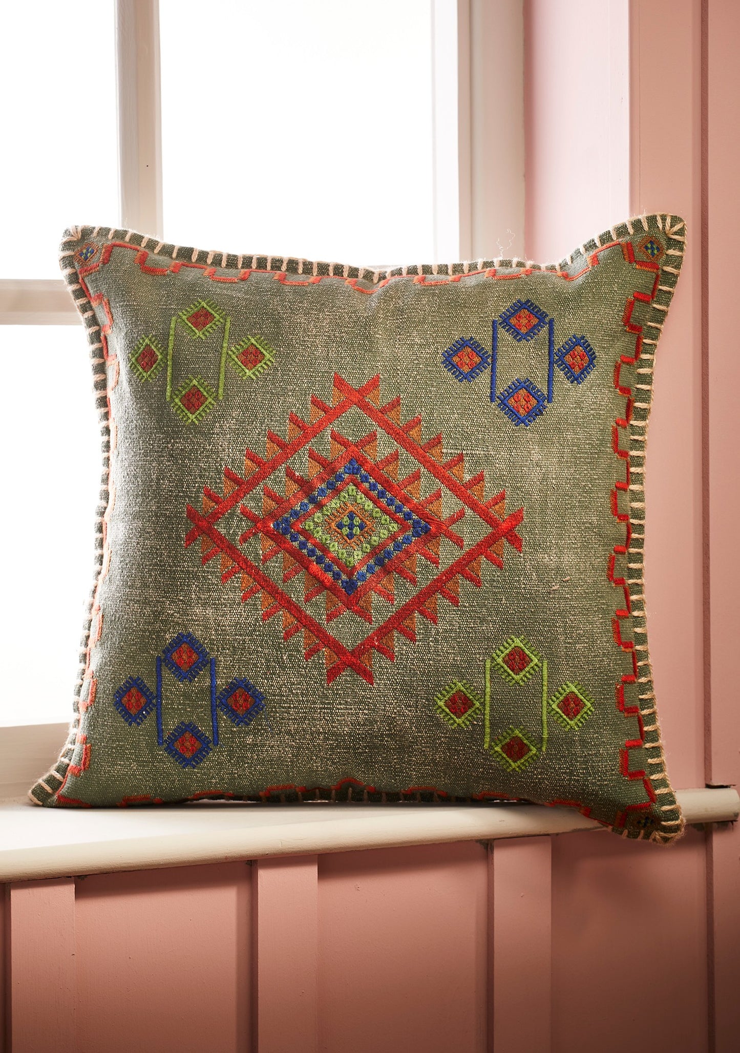 Embroidered Stone Wash Cushion- Teal