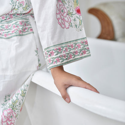 Pink & Mint Green Block Print Floral Dressing Gown