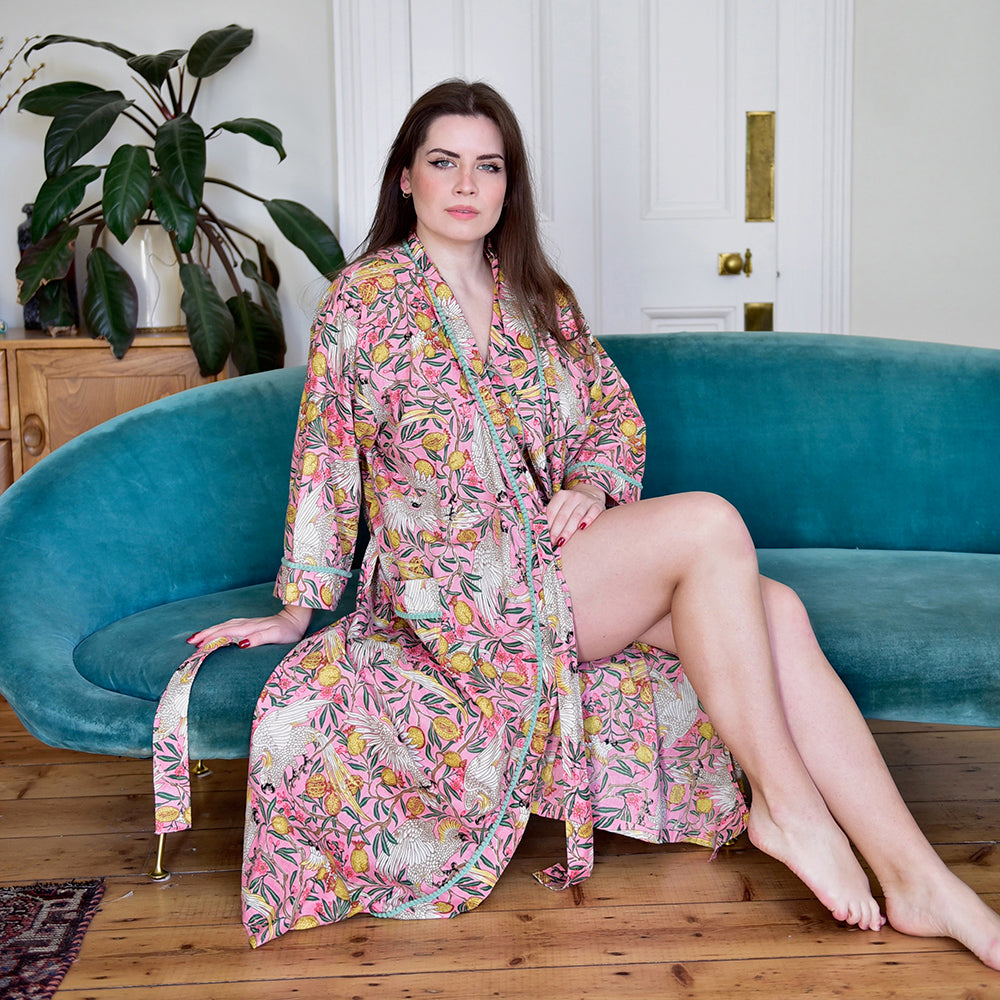 Pink Tropical Bird & Pomegranate Print Dressing Gown