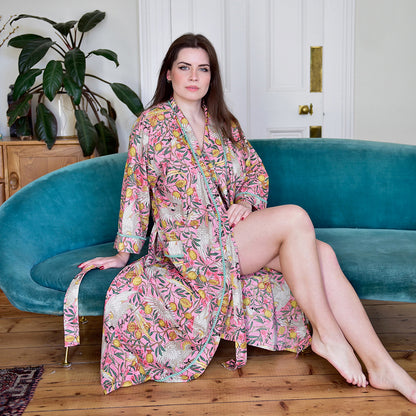 Pink Tropical Bird & Pomegranate Print Dressing Gown