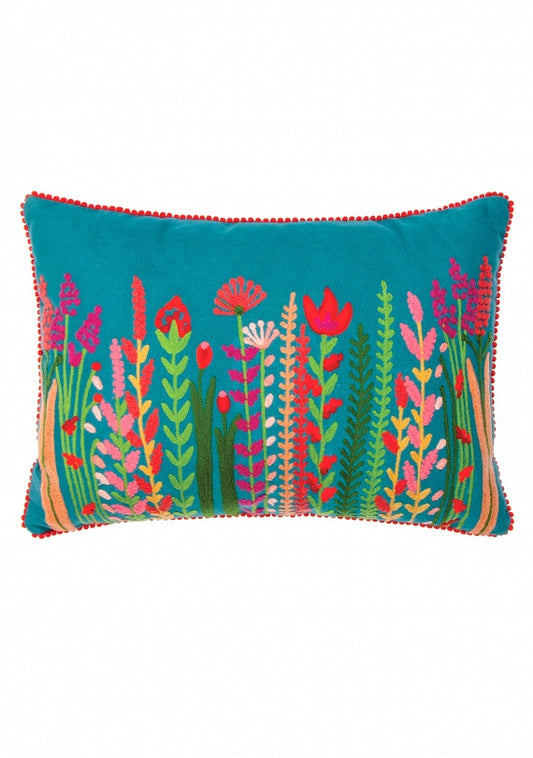 Floral Embroidered Cushion - Teal