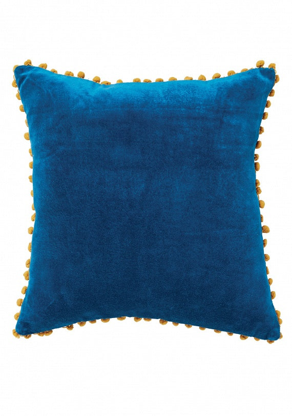 Velvet Cushion with Pom Poms - Blue