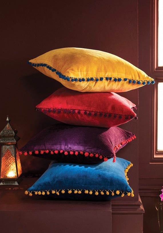 Velvet Cushion with Pom Poms - Purple