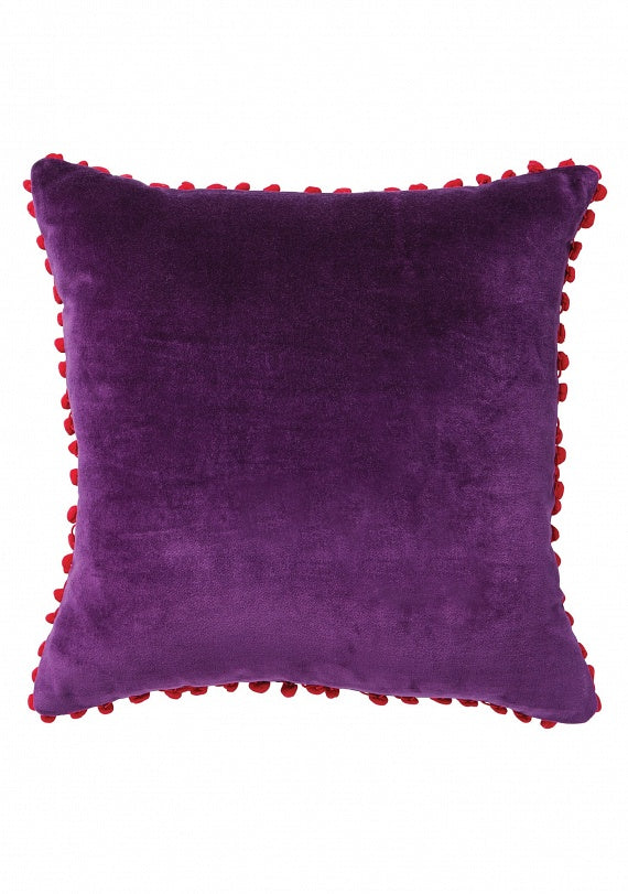 Velvet Cushion with Pom Poms - Purple