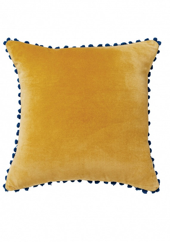 Velvet Cushion with Pom Poms - Mustard