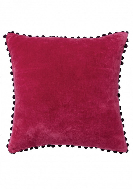 Velvet Cushion with Pom Poms - Pink