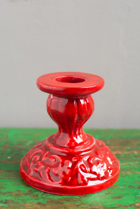 Red Moulded Ceramic Candlestick