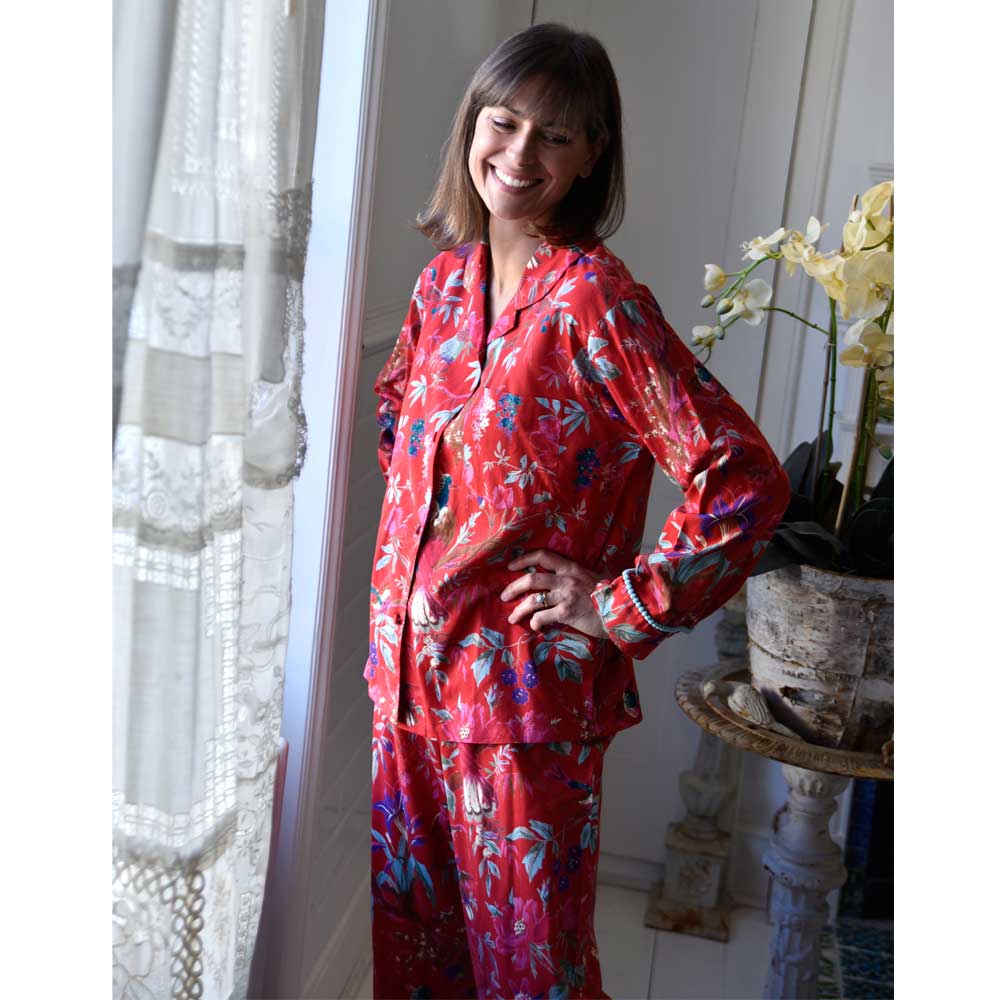 Red Exotic Bird Print Ladies Pyjamas