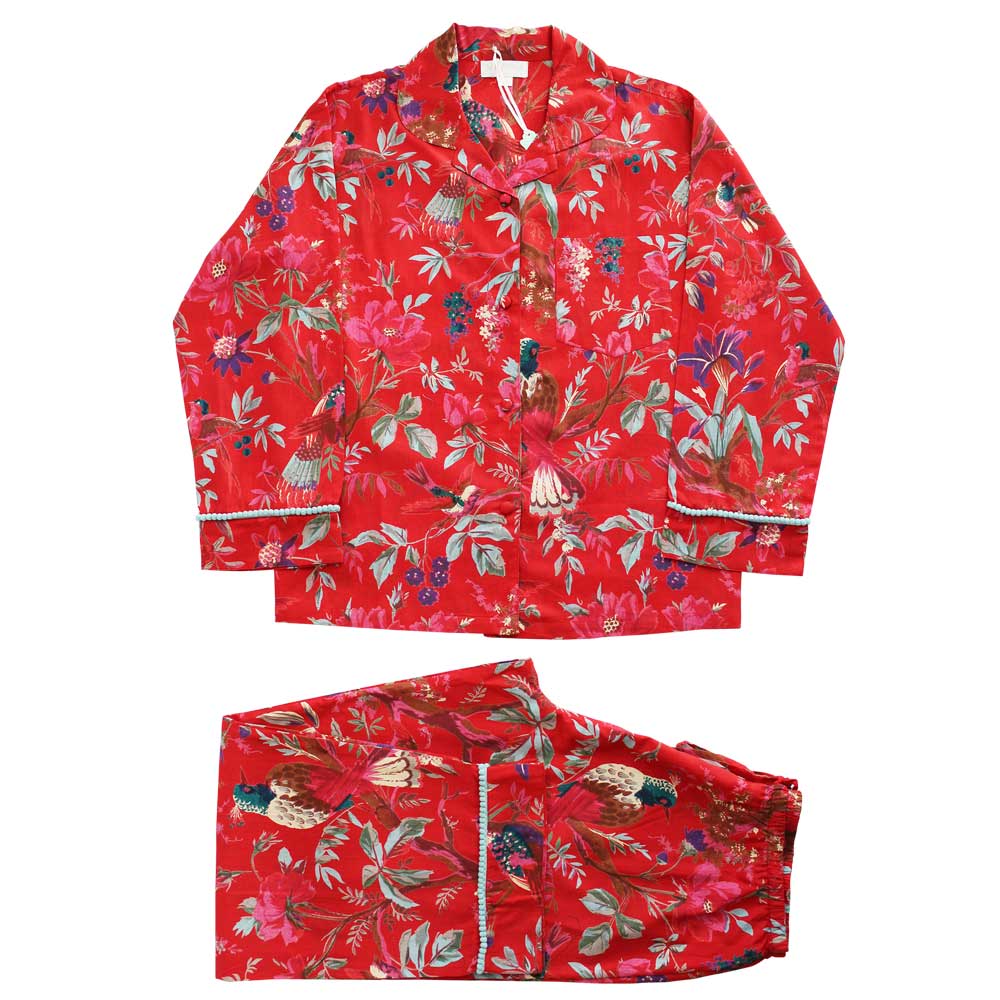 Red Exotic Bird Print Ladies Pyjamas