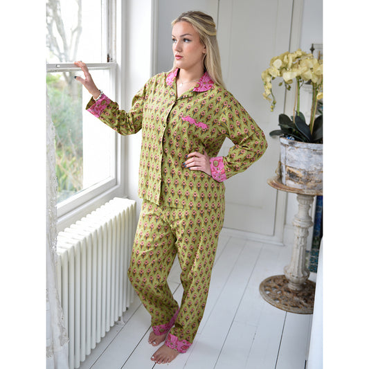 Lime Green & Pink Small Block Print Women’s Pyjamas