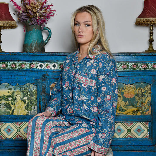 Inky Blue, Pink & Green Mixed Floral & Stripe Print Women’s Pyjamas