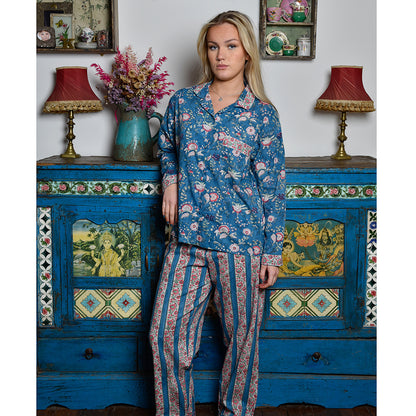 Inky Blue, Pink & Green Mixed Floral & Stripe Print Women’s Pyjamas