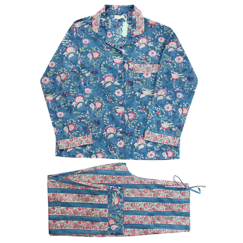 Inky Blue, Pink & Green Mixed Floral & Stripe Print Women’s Pyjamas