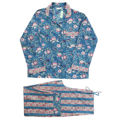 Inky Blue, Pink & Green Mixed Floral & Stripe Print Women’s Pyjamas