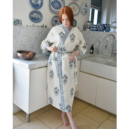 Blue & White Floral Waffle Dressing Gown