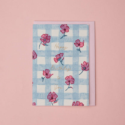 Hand Block Printed Greeting Card - GC Gingham Pink Sorbet HB
