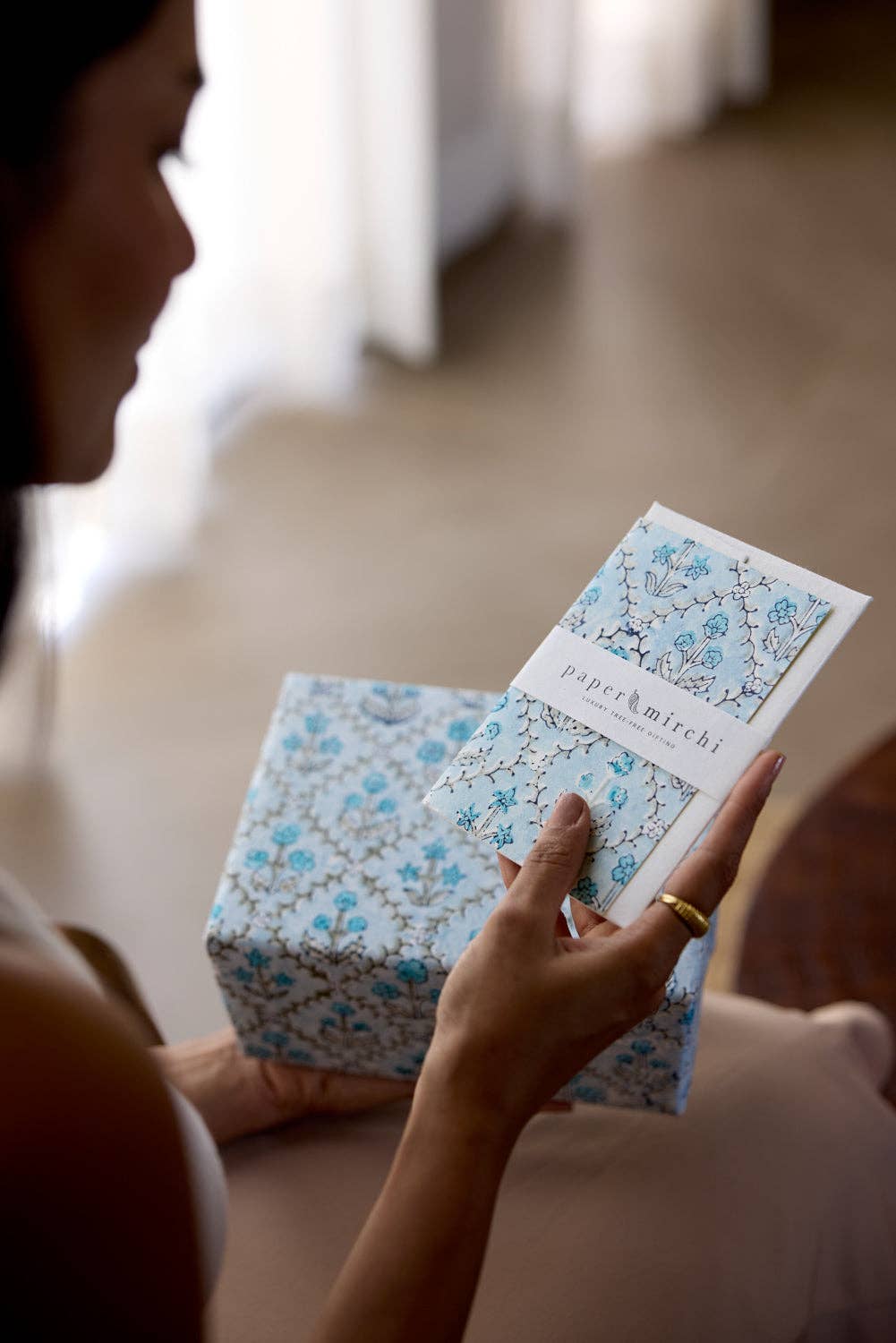 Hand Block Printed Greeting Card - GC Floral Lattice Blue Opal