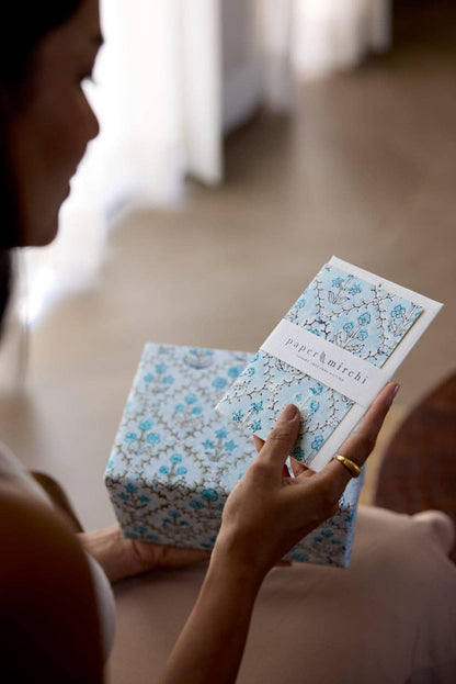 Hand Block Printed Greeting Card - GC Floral Lattice Blue Opal