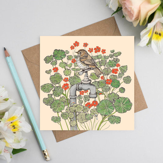 Song Thrush and Nasturtiums Greeting Card