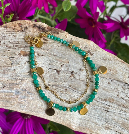 18ct Gold Plated Natural Stone Beads Double Chain Bracelet - Available in Three Colours