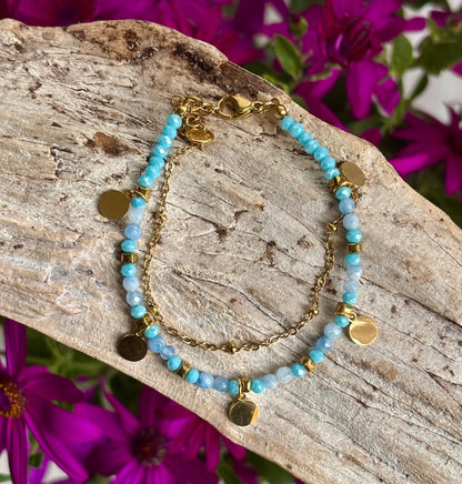 18ct Gold Plated Natural Stone Beads Double Chain Bracelet - Available in Three Colours