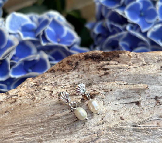 Rhodium Plated Fresh Water Pearl Shell Earrings